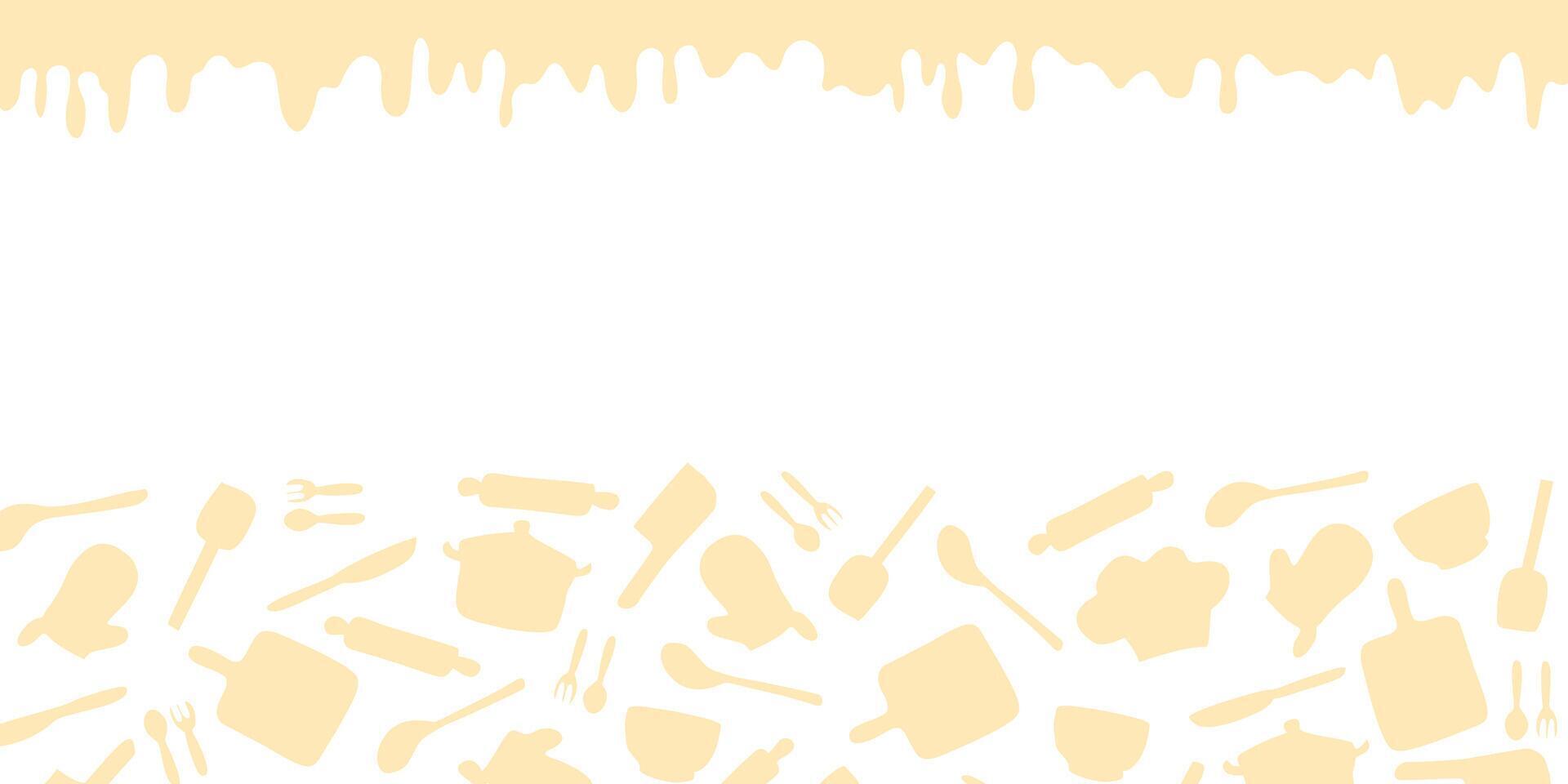 Cooking flat horizontal pattern. Kitchen utensil and appliance cartoon texture with copy space. Beige kitchenware sketch clipart. vector