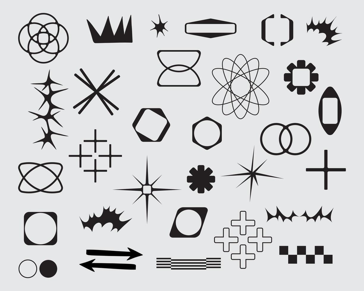 Futuristic abstract geometric shape asset streetwear element collection acid icon y2k HUD poster interface game technology separated editable vector