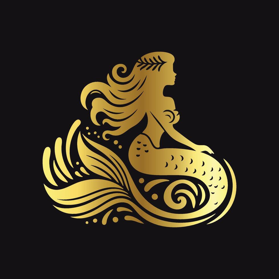 Fantasy Gold Mermaid Logo Design vector