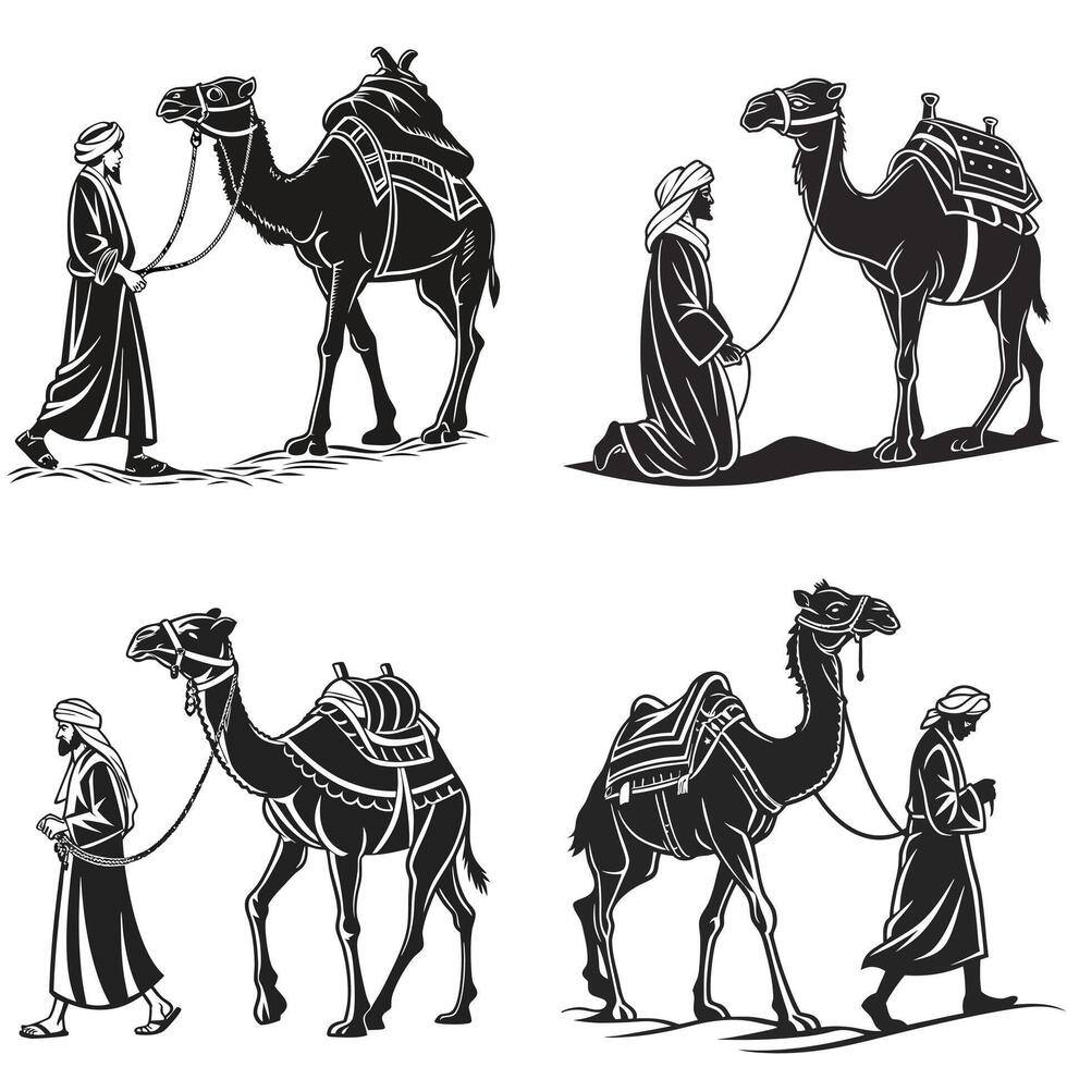 Nomadic in Silhouette The Timeless Bond Between Man and Camel vector