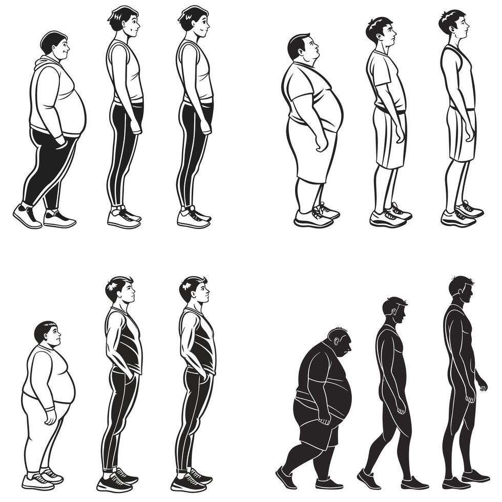 Transformation Silhouettes The Journey from Obesity to Fitness vector
