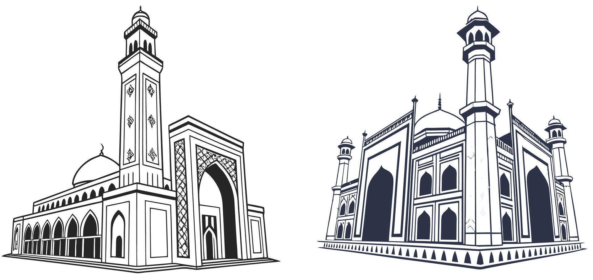 Two different types of buildings, one is a mosque and the other is a mosque vector