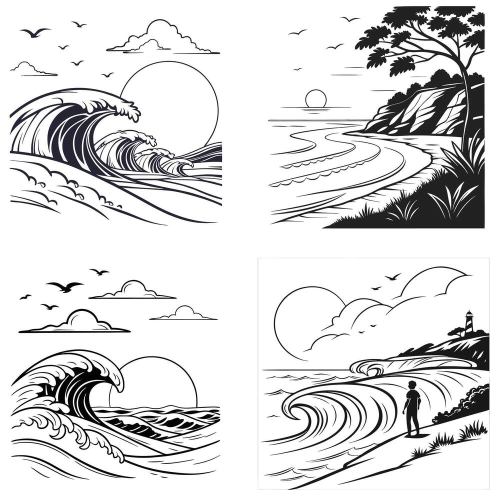 Lighthouse Waves Silhouette Collection vector