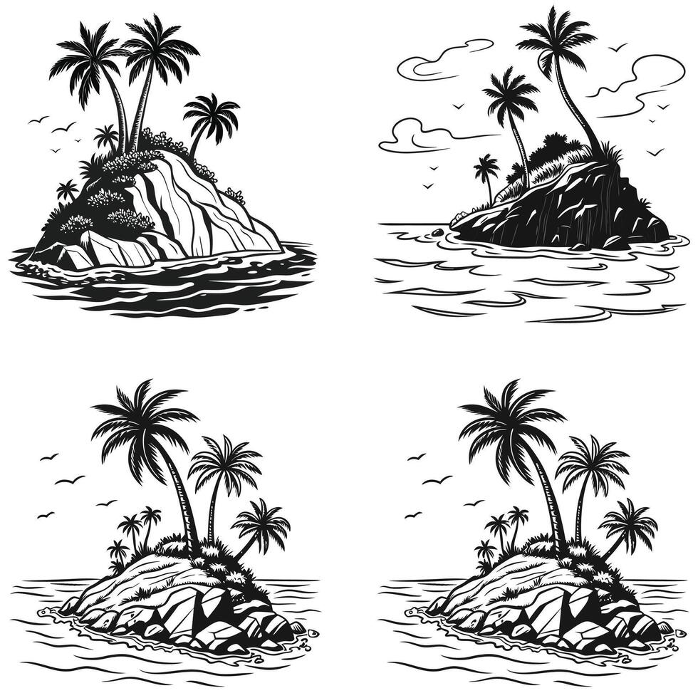 four different illustrations of palm trees on an island vector