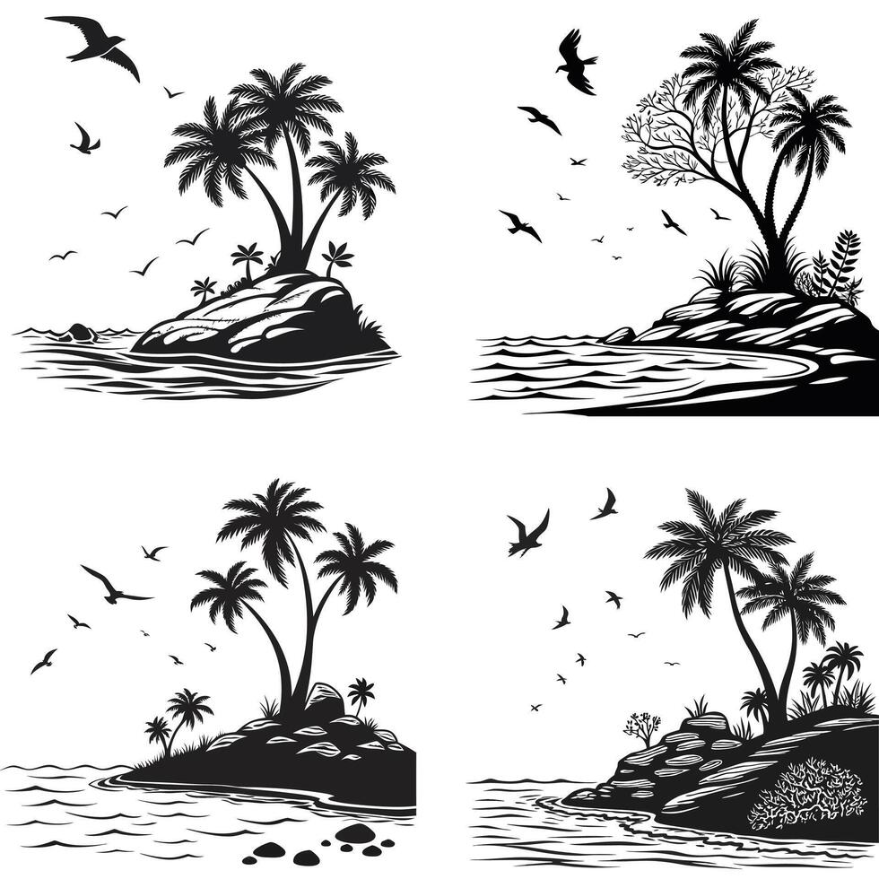 four different palm trees and birds on the beach vector