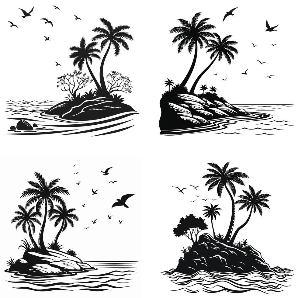 four different palm trees and birds on an island vector