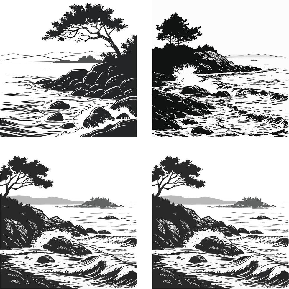 four different images of the ocean and trees vector