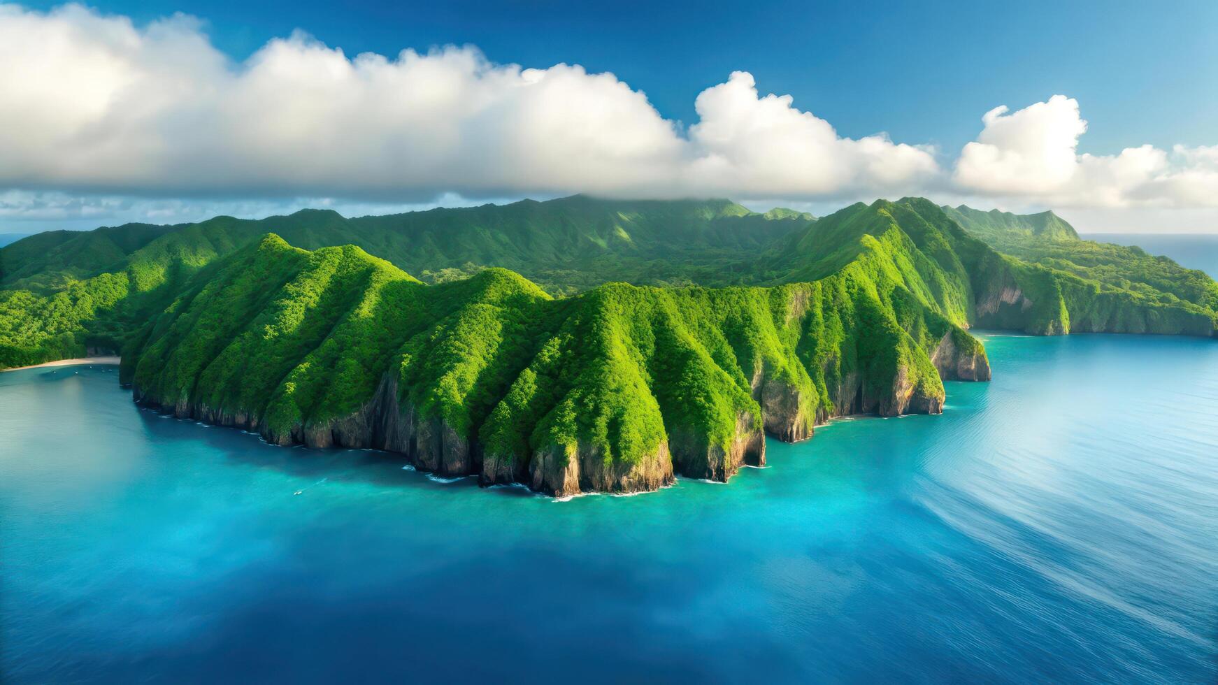 An aerial view of a tropical island with green mountains photo