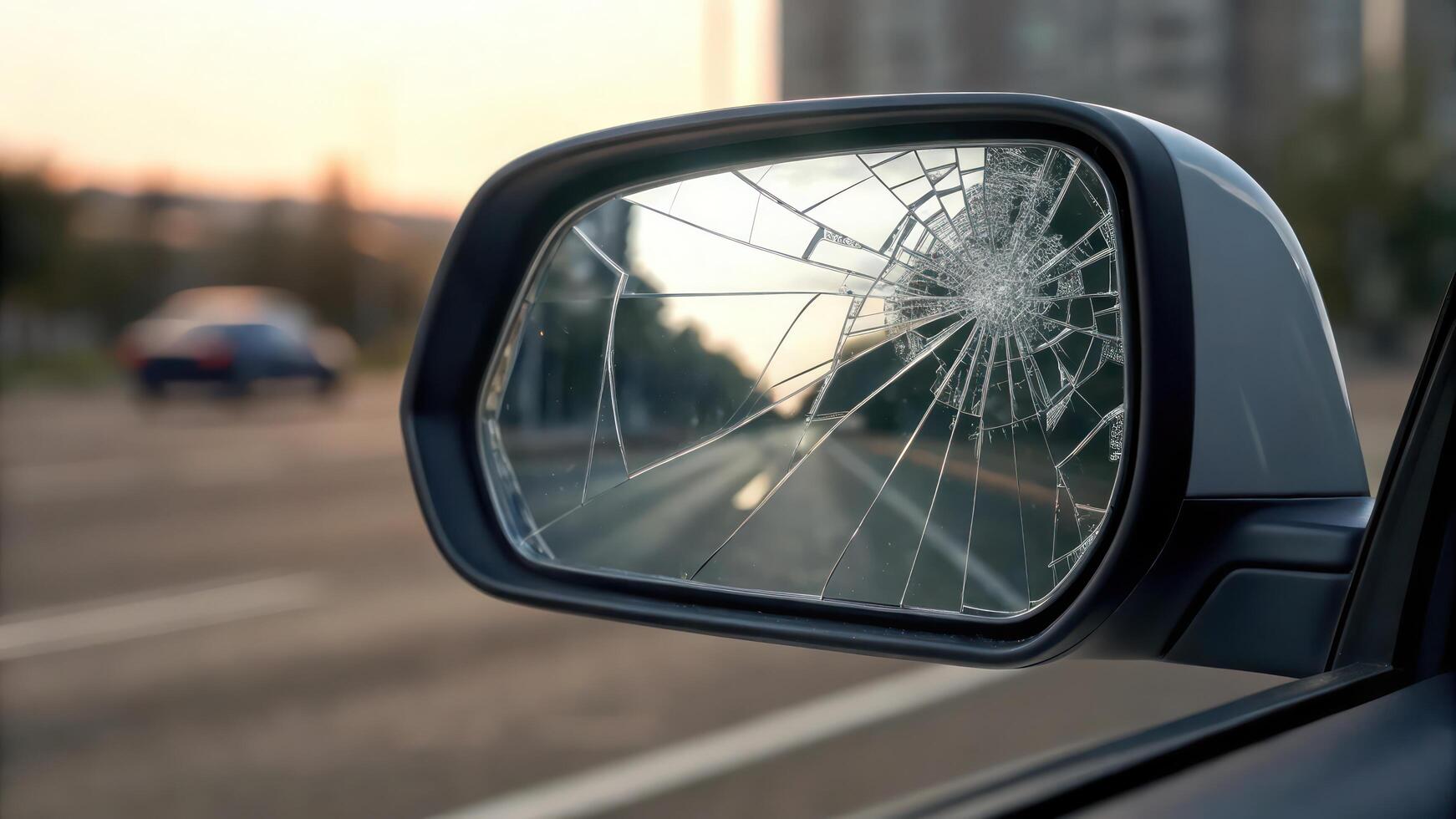A car side mirror with a broken windshield photo