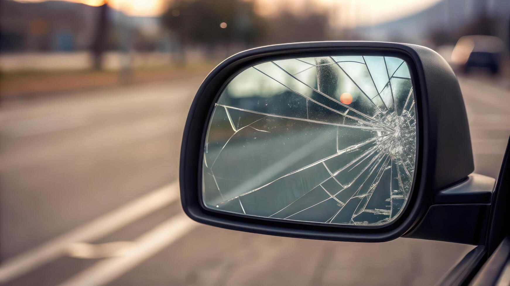 A broken mirror is seen in the rear view mirror of a car photo