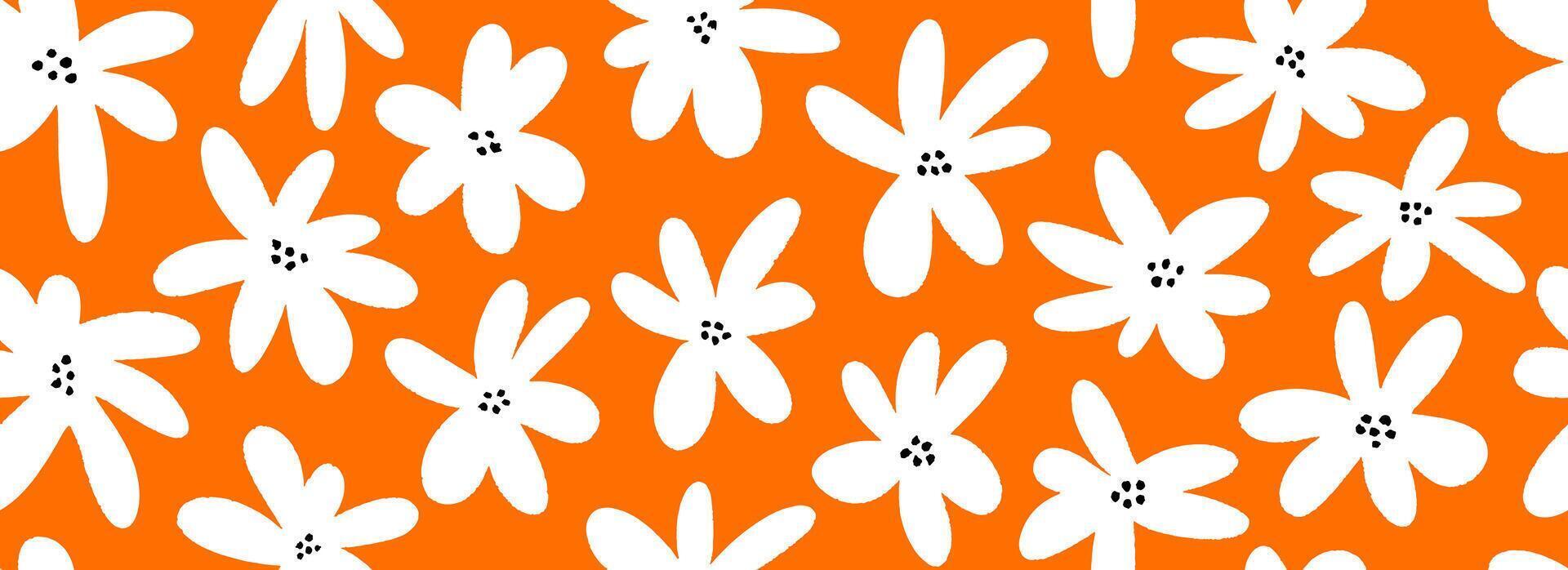 Hand drawn white flower seamless pattern. Floral repeating wallpaper for textile design, fabric, print, wrapping paper. Cute daisy flowers on red orange background. Repeated cute ditsy texture vector