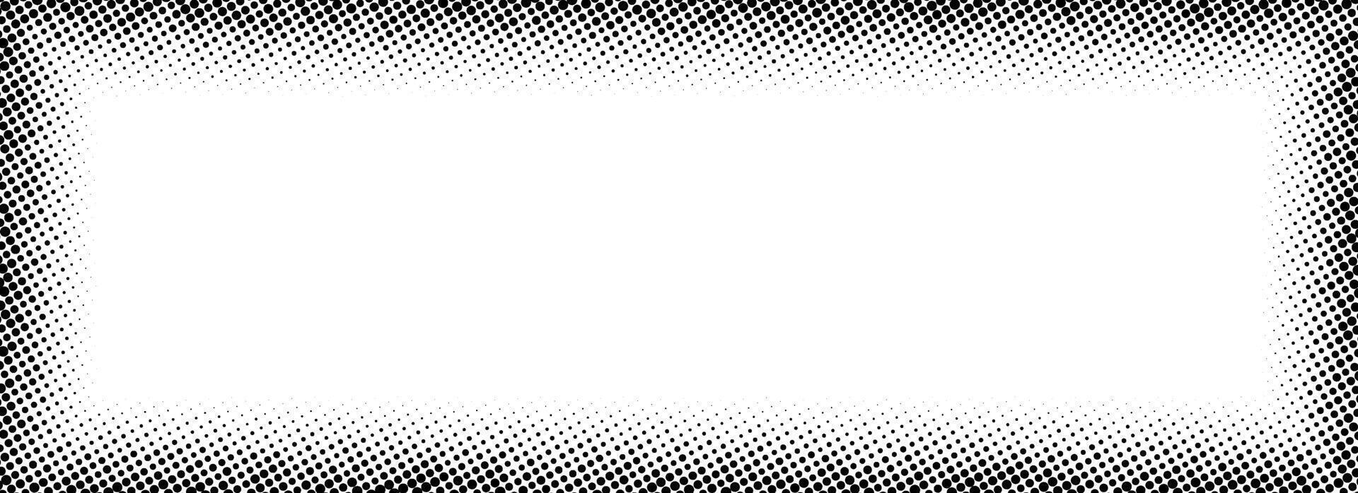 Halftone rectangle grain frame. Black comic dotted border. Pop art fading gradient frame backdrop. Black and white grunge abstract framing background. Dot texture graphic design wallpaper vector