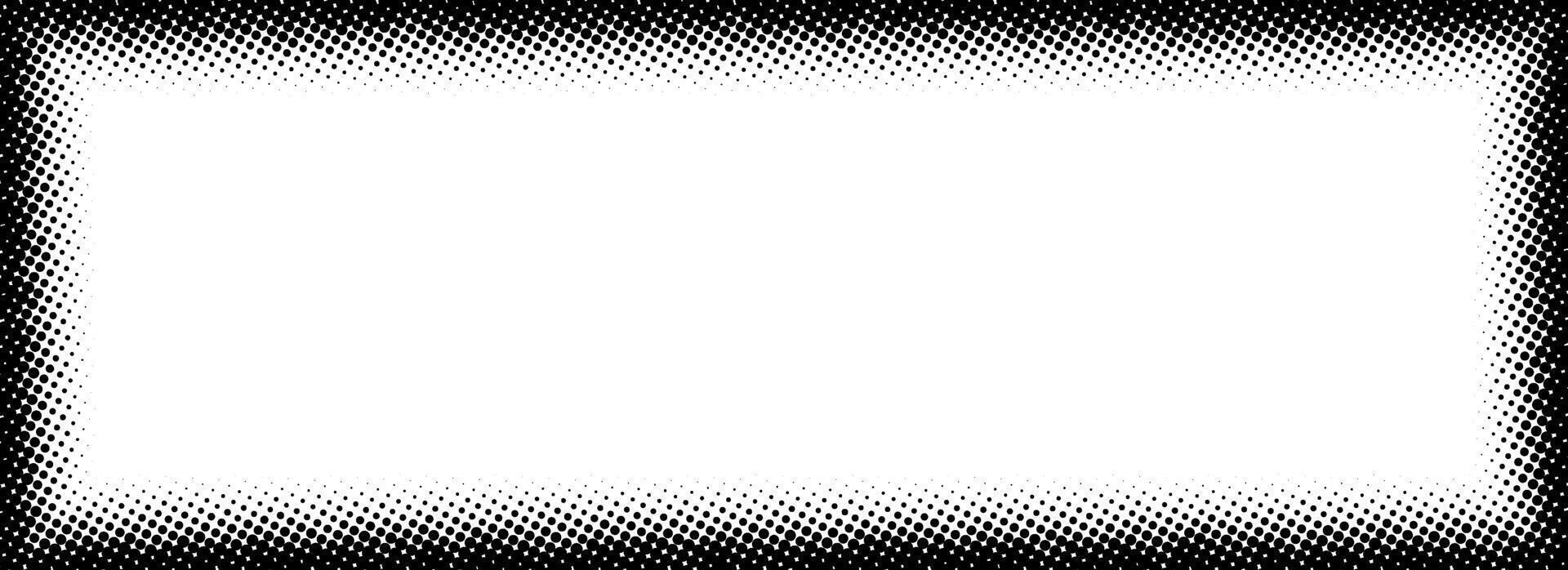 Halftone rectangle grain frame. Black comic dotted border. Pop art fading gradient frame backdrop. Black and white grunge abstract background. Dot texture graphic design wallpaper. vector