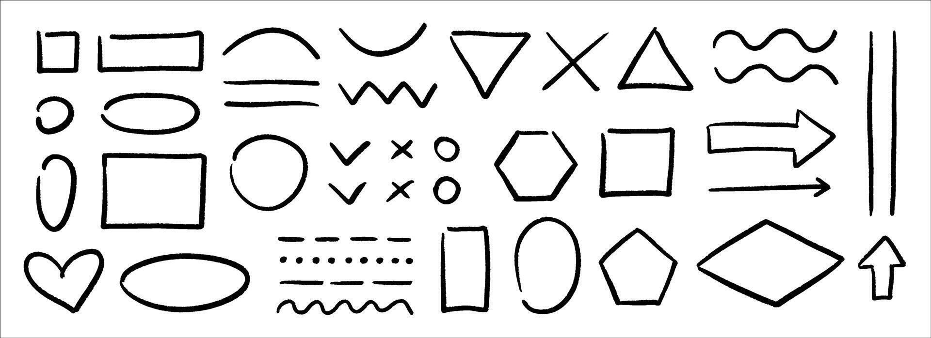 Black chalk hand drawn shapes and frames set. Scribbled charcoal element collection. Pencil sketch sign and symbols for diagram and plan. Rough arrows, ovals, squares, rectangles, squiggles vector