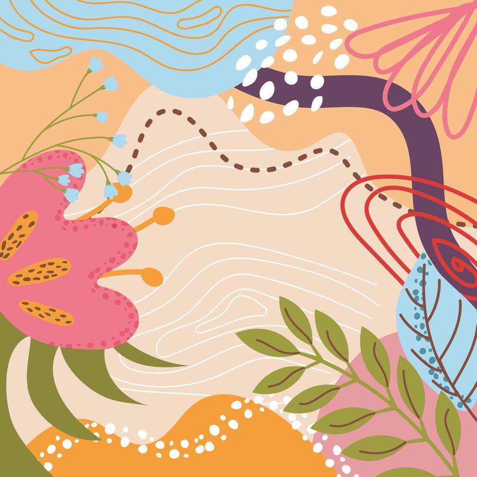 Abstract beautiful floral pattern with leaves and flowers on beige background. Unique trendy colorful colorful colorful background in neutral warm tones. vector