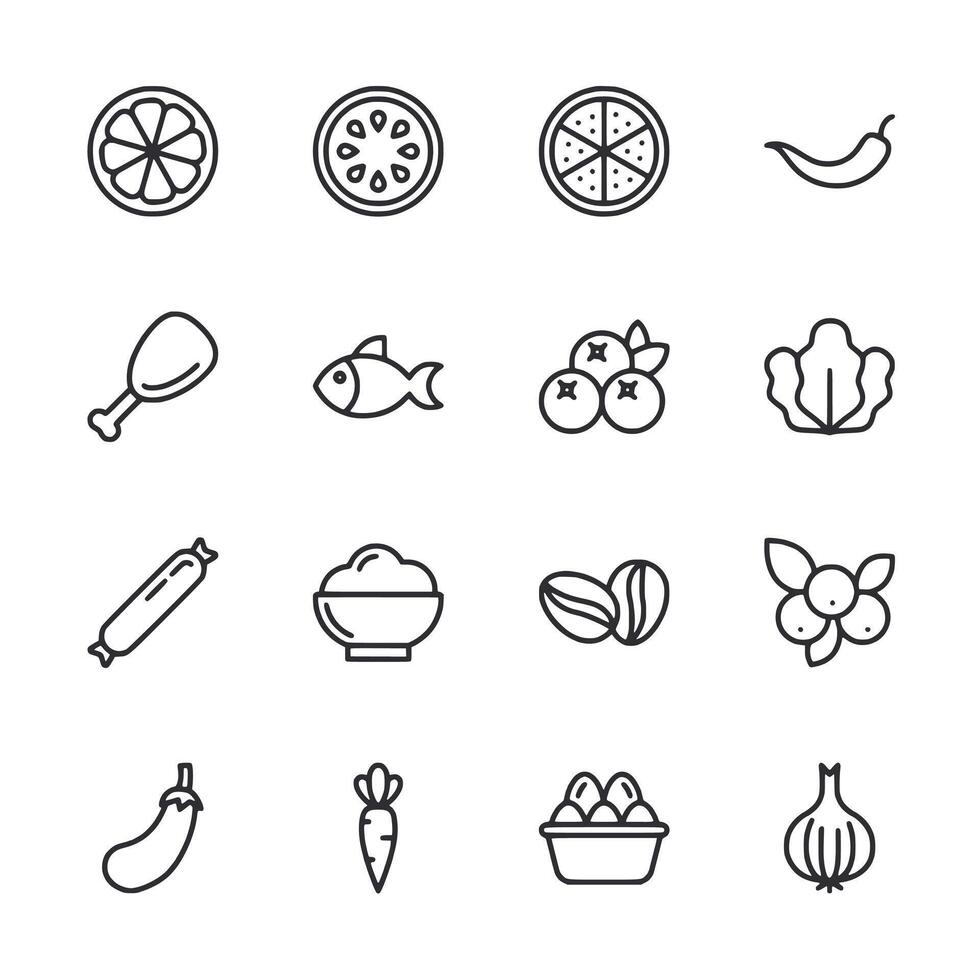 A set of food icons including a carrot, a bowl, a fish, a pizza, a tomato vector