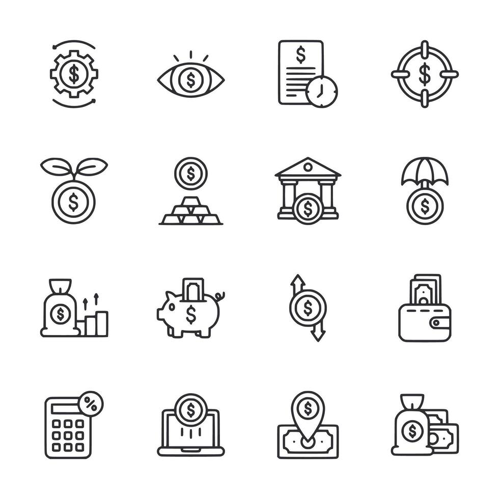 A set of money related icons including a piggy bank, a bank, a wallet vector