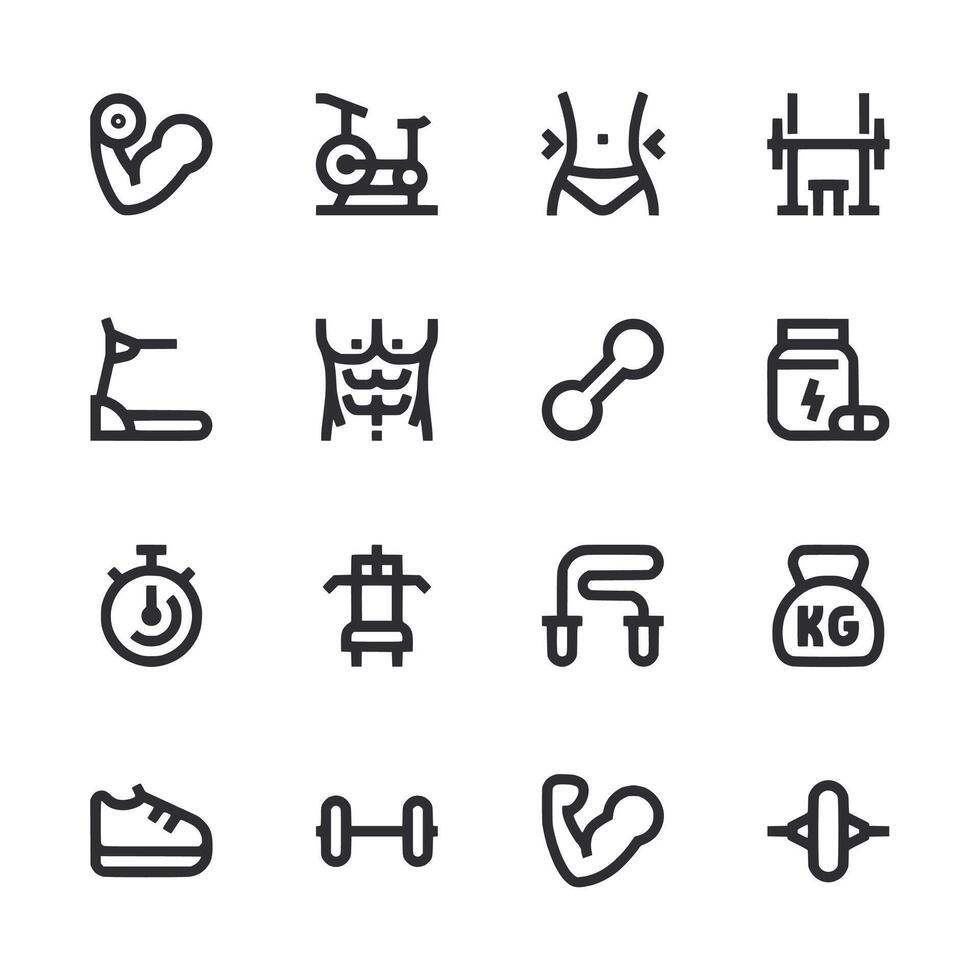 A set of fitness icons including a dumbbell, a weight, a running shoe, a gym vector
