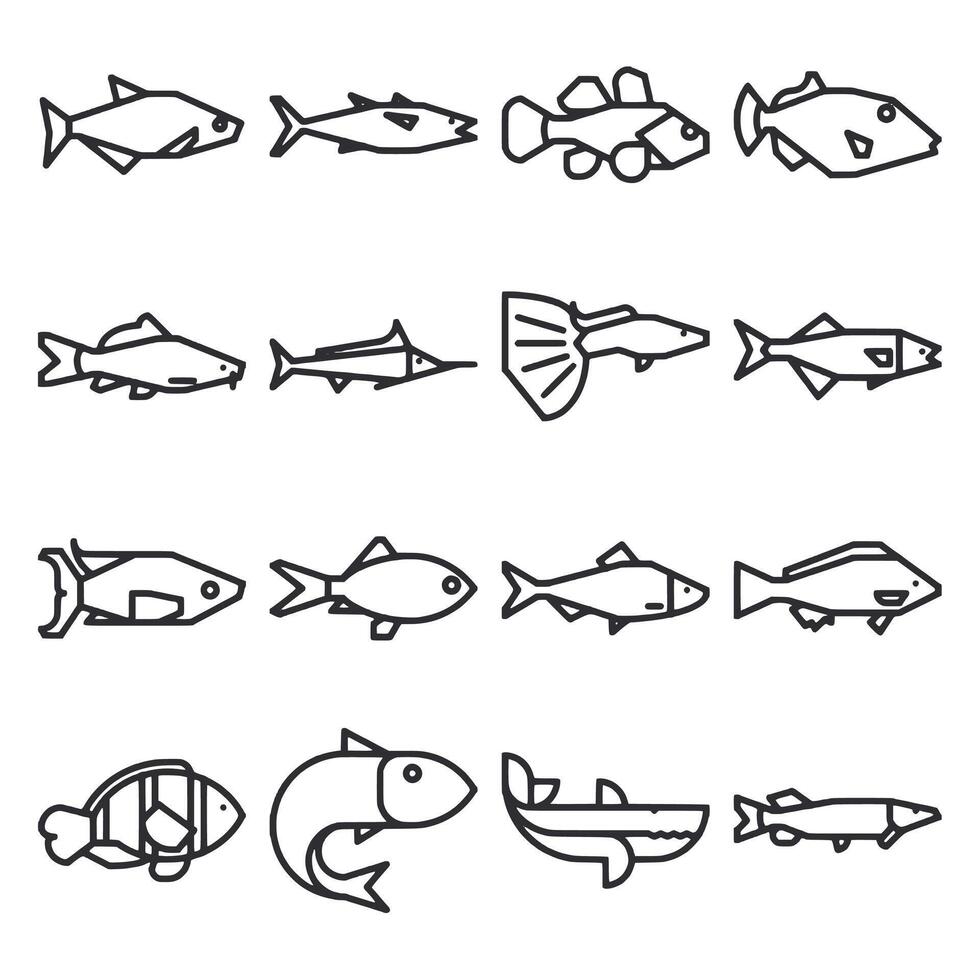 A series of fish drawn in black and white vector