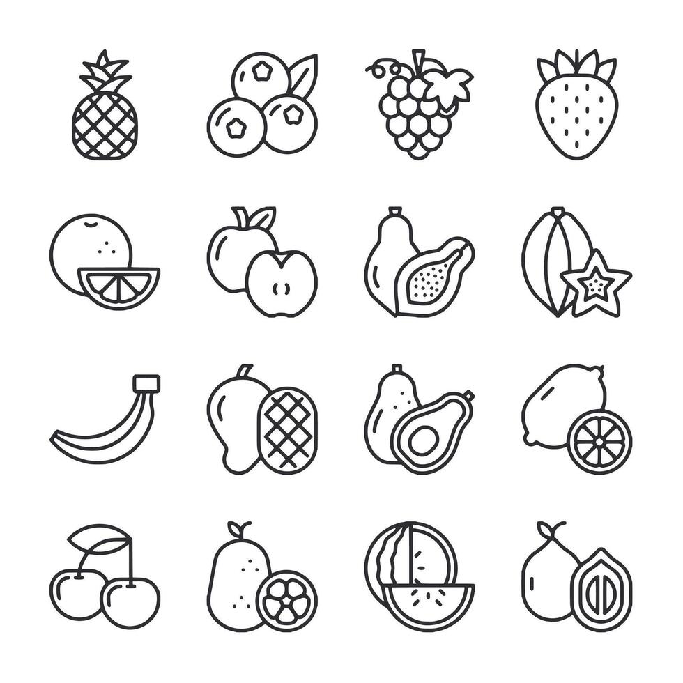 A set of fruit icons in black and white vector