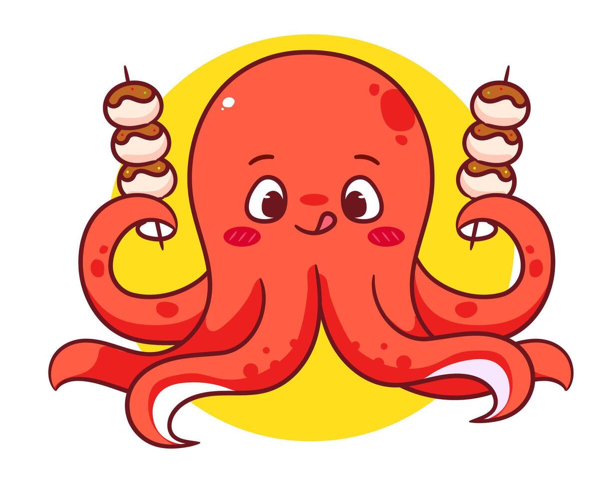 Cute squid holding takoyaki cartoon character. Adorable kawaii animals concept design. Mascot Restaurant Logo illustration. vector