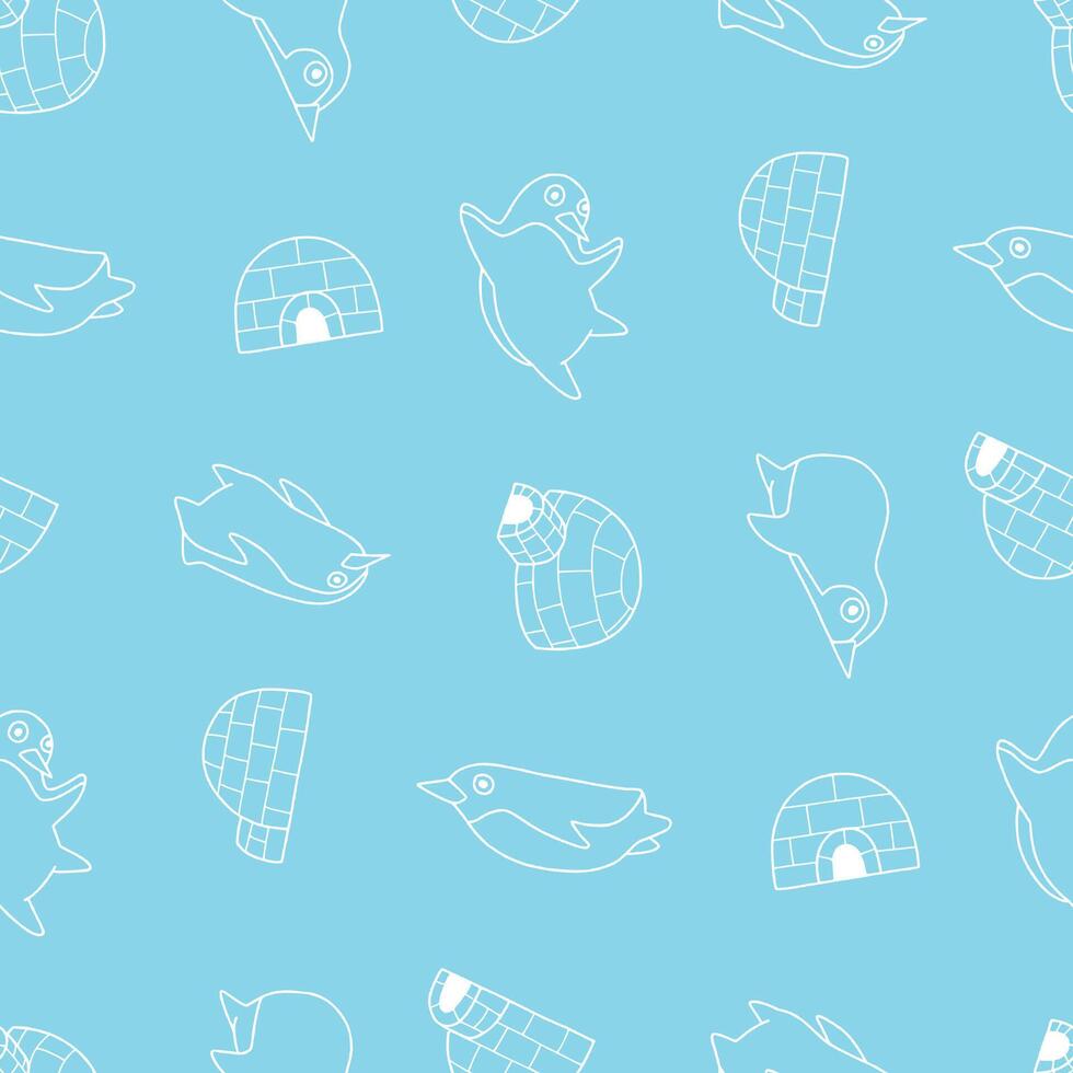 Outline Penguin Animal Igloo Pattern Illustration Seamless for Background Wallpaper Packaging Cover vector