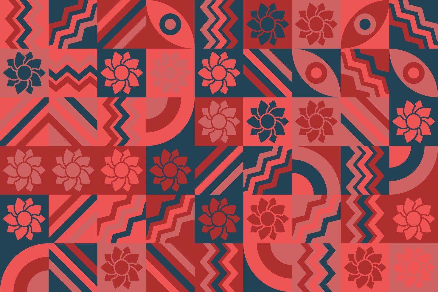a red and blue pattern with flowers and geometric shapes vector