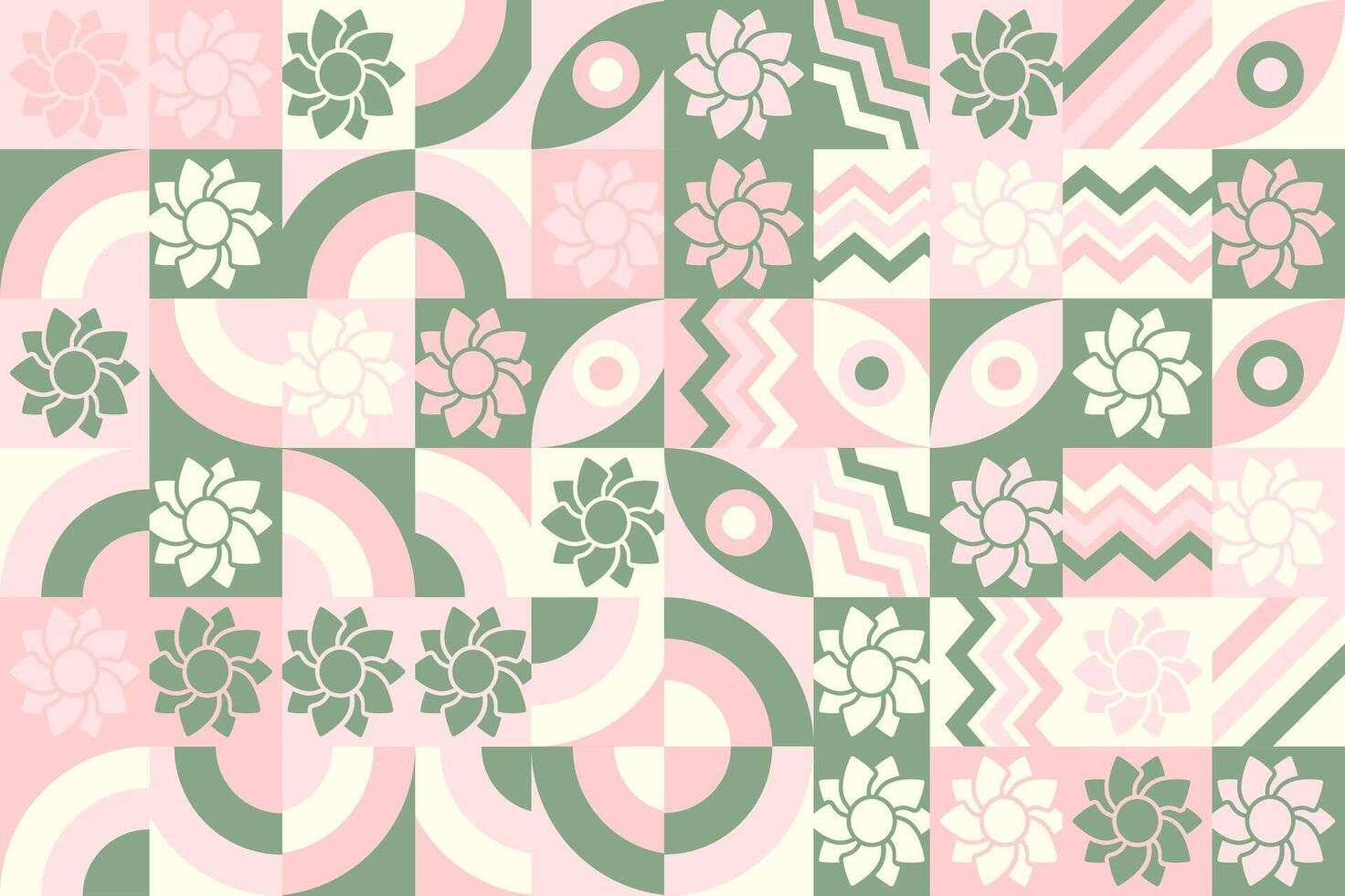 a pink and green checkered pattern with flowers vector