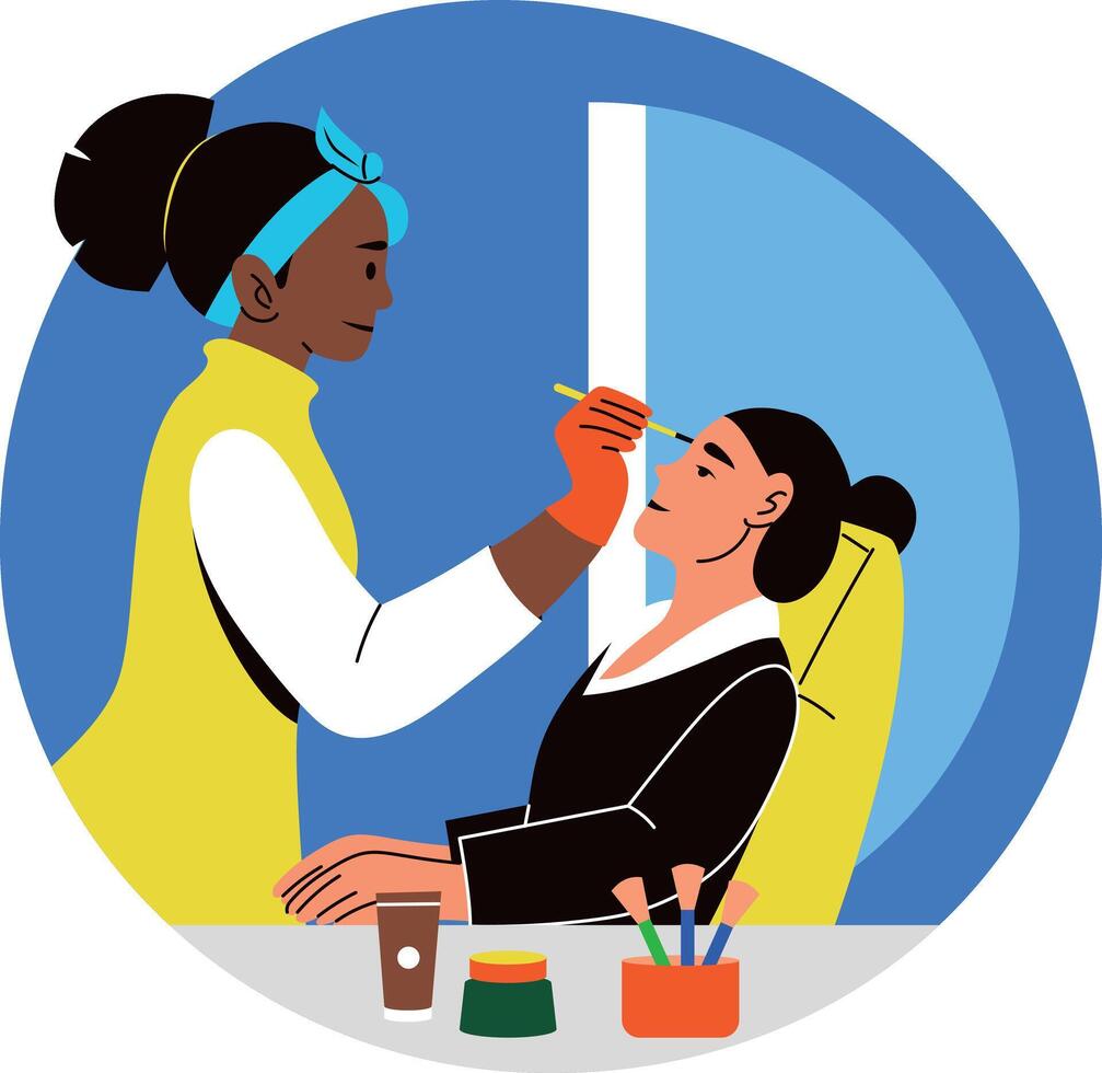 A flat style illustration of a beautician doing brow tinting of a woman vector