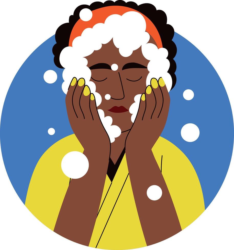 A flat style illustration of a woman doing face cleansing with hands vector