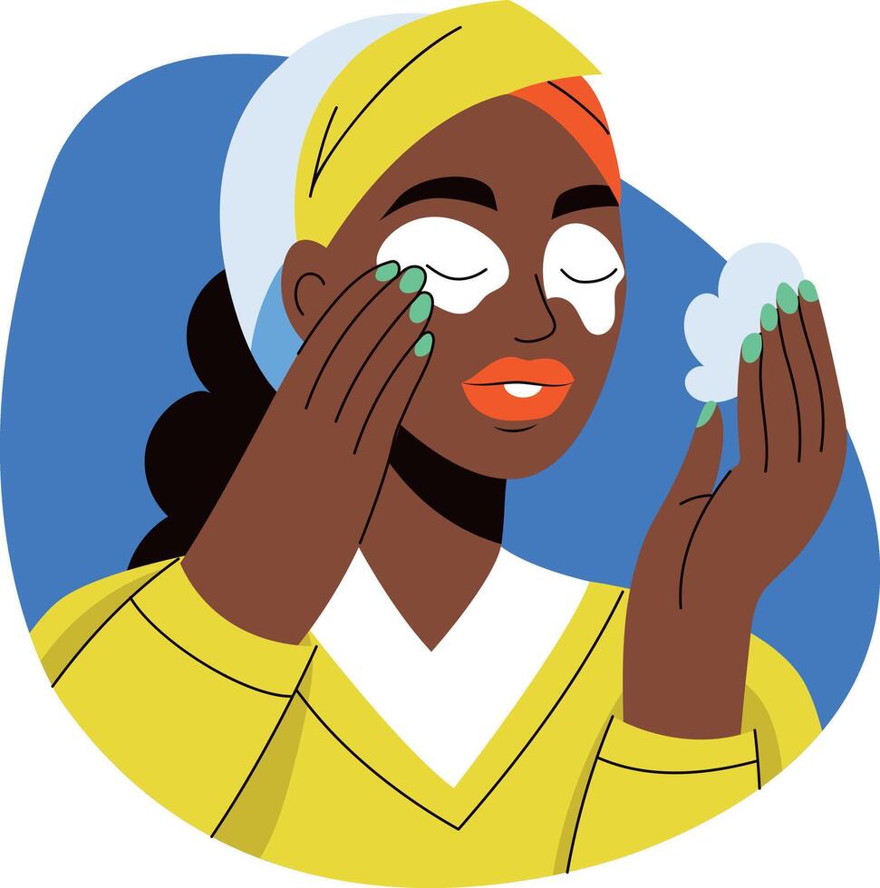 A flat style illustration of a girl applying cream on her face vector