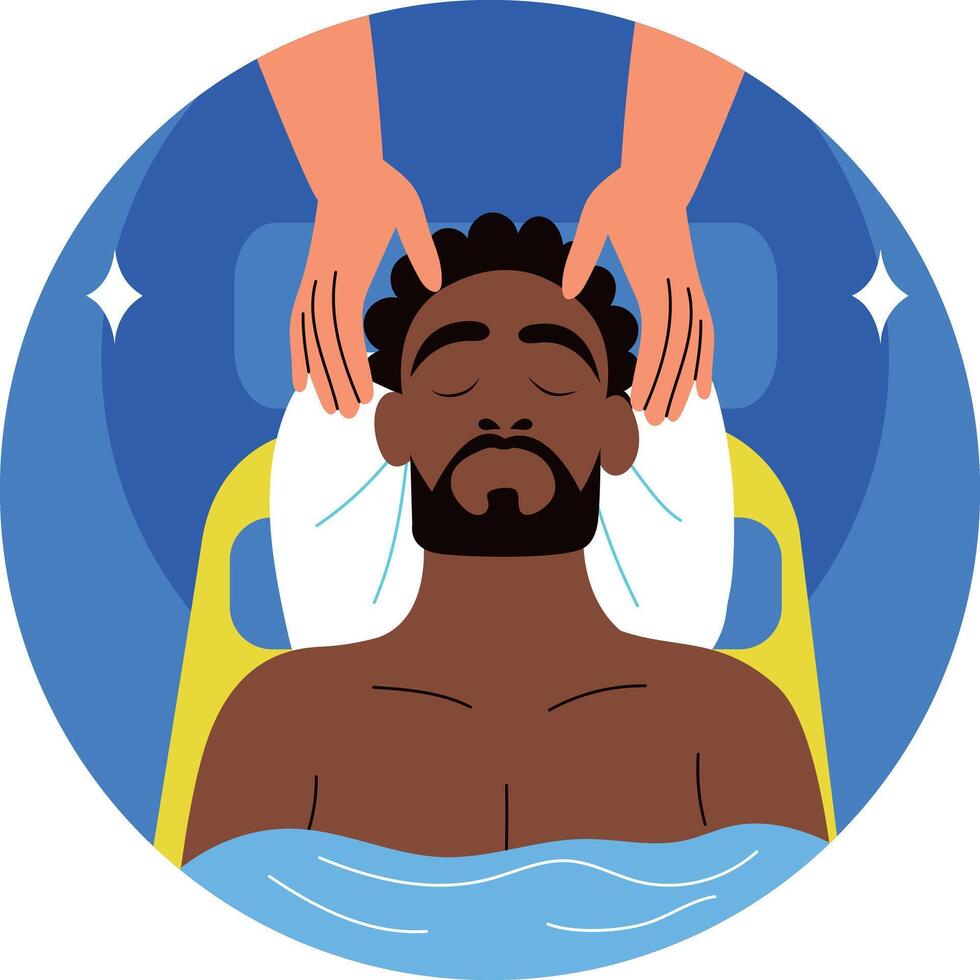 A flat style illustration of a character doing scalp massage therapy vector