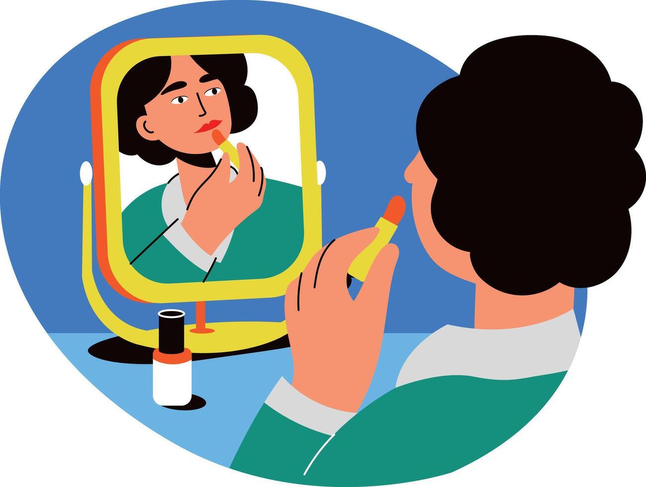 A flat style illustration of a woman applying lipstick in front of mirror vector