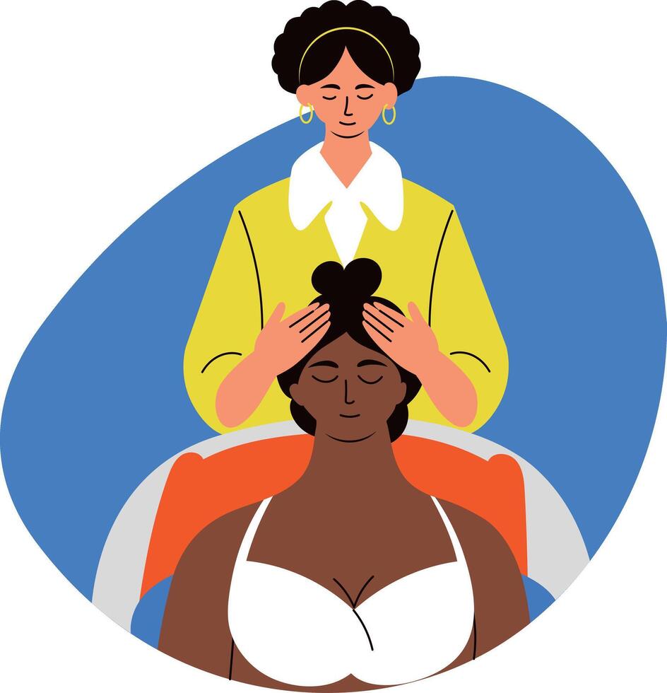 A flat style illustration of a masseur giving head massage to a woman vector