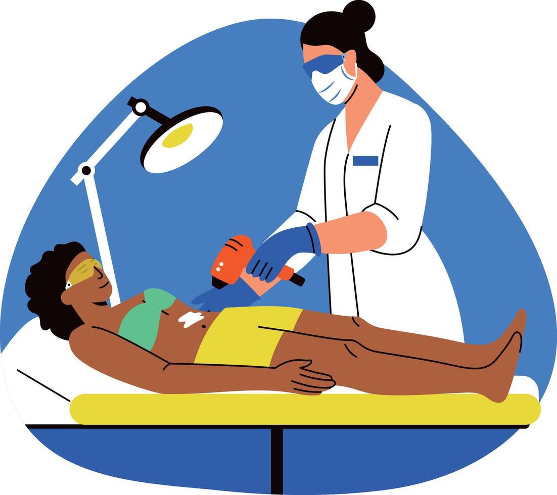 A flat style illustration of a character doing hair removal treatment from a doctor vector