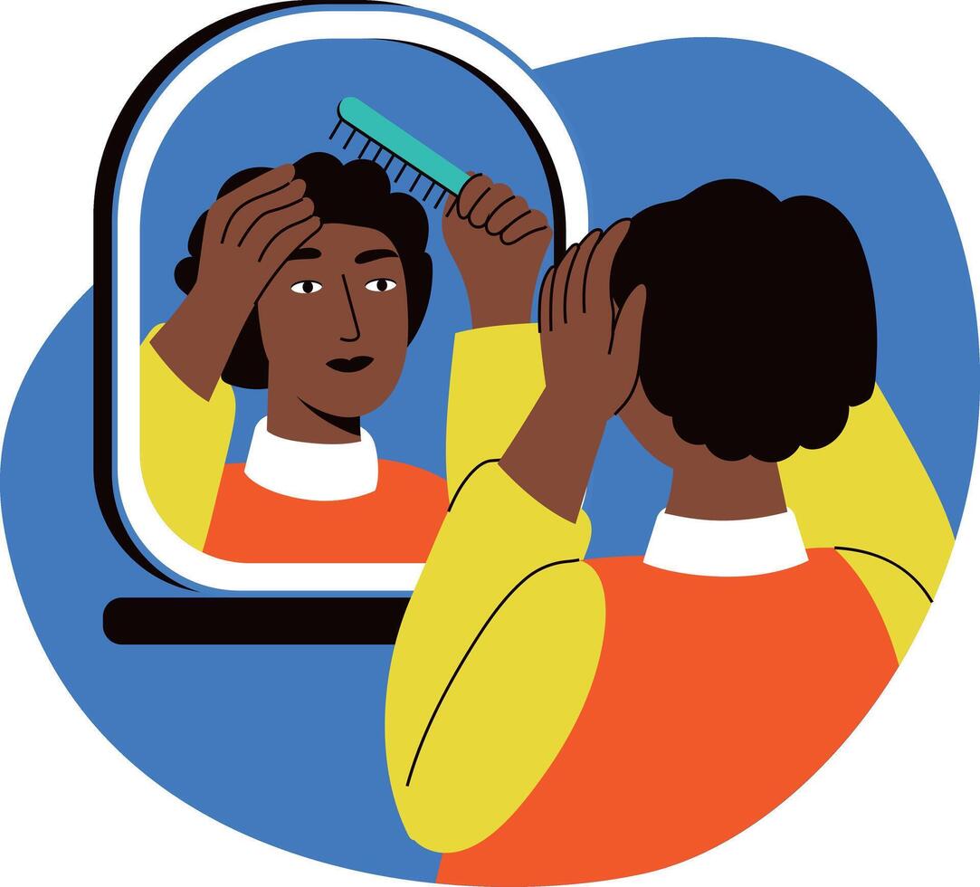 A flat style illustration of a character combing hair in front of mirror vector