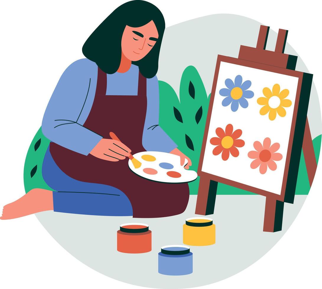 Flat character illustration of girl doing canvas painting vector