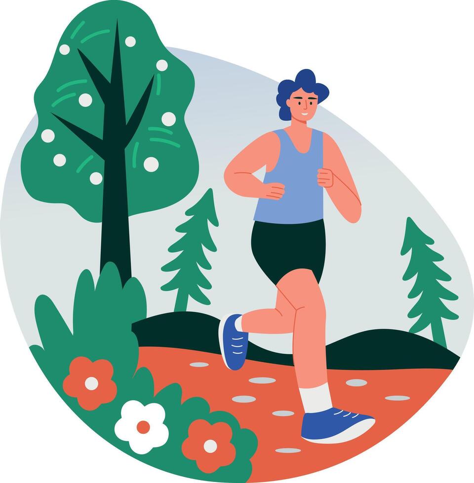 Character doing morning jog in a garden, flat illustration vector