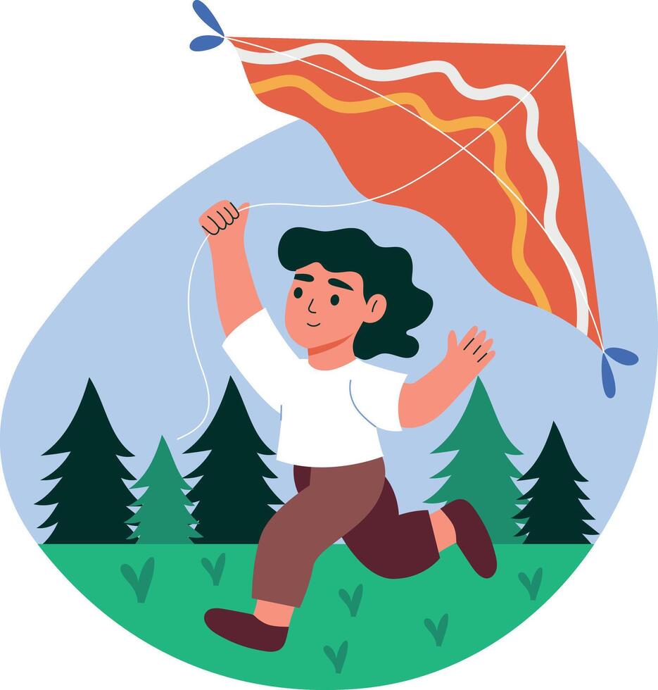 Kid playing with kite in garden, flat style illustration vector