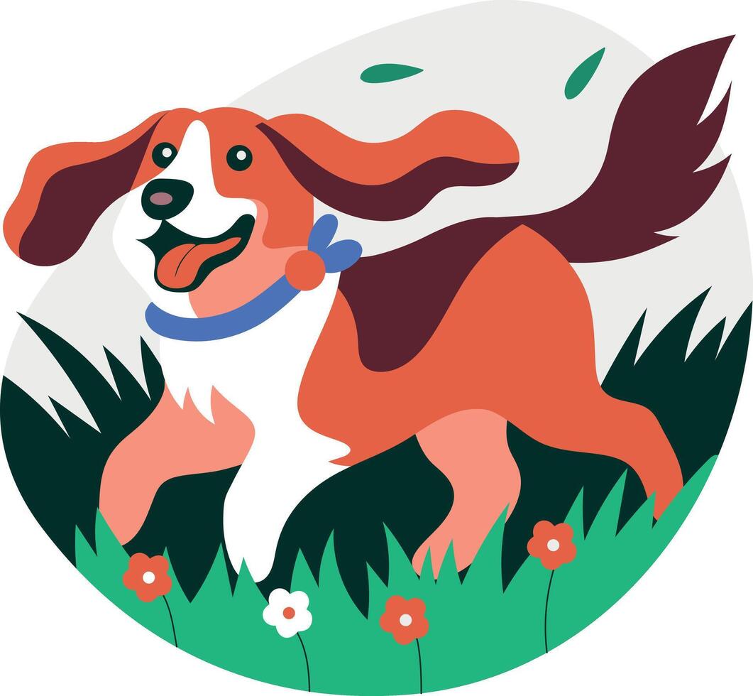 Happy dog running in a garden, flat illustration vector