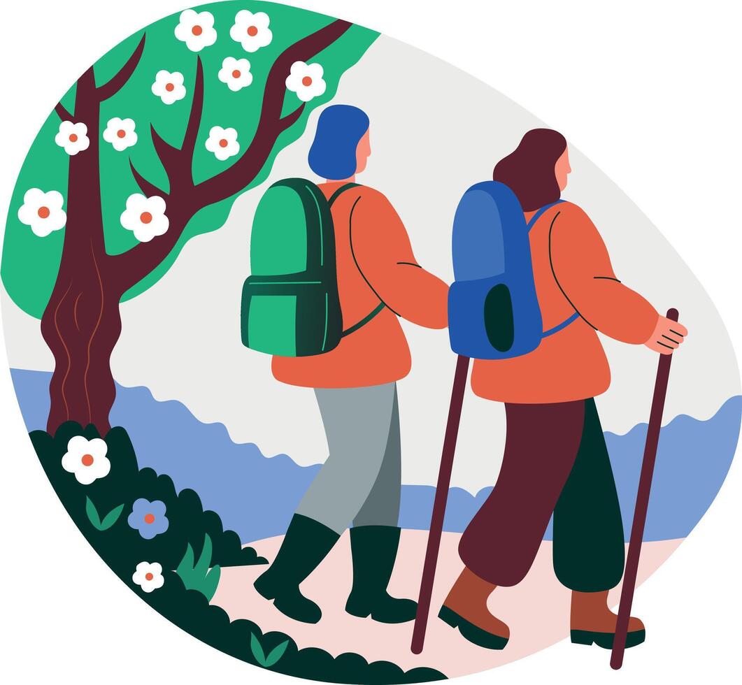Flat illustration of friends doing spring hiking vector