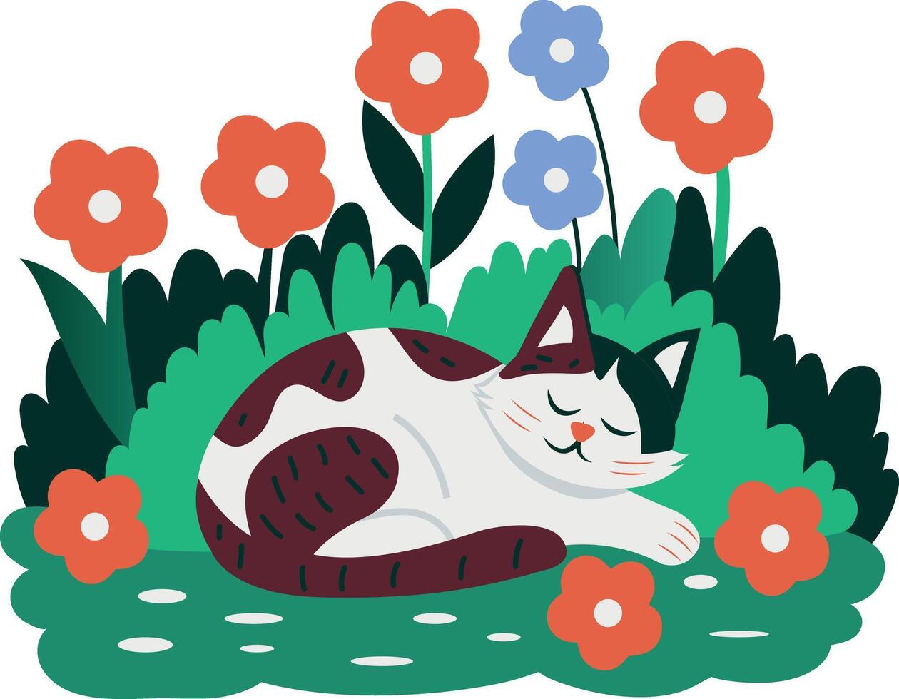 Sleeping cat in a floral garden, flat style illustration vector
