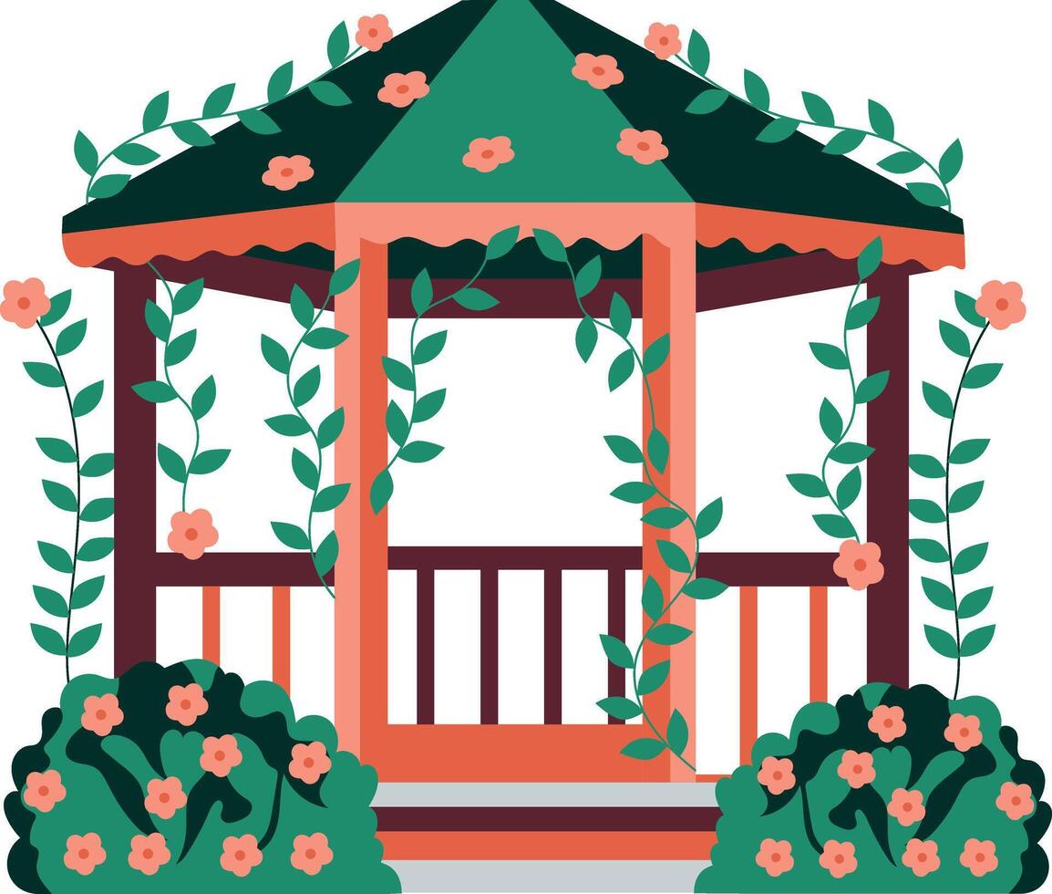 Garden gazebo decorated with floral bushes, flat style illustration vector
