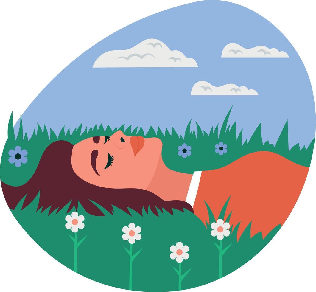 Cloud gazing girl while laying down on grass, flat illustration vector