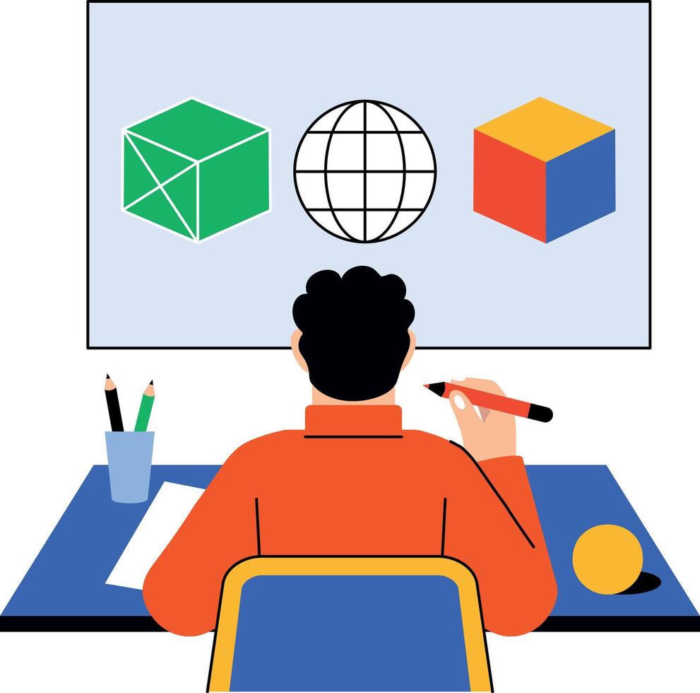 Student taking online math lesson, flat illustration vector