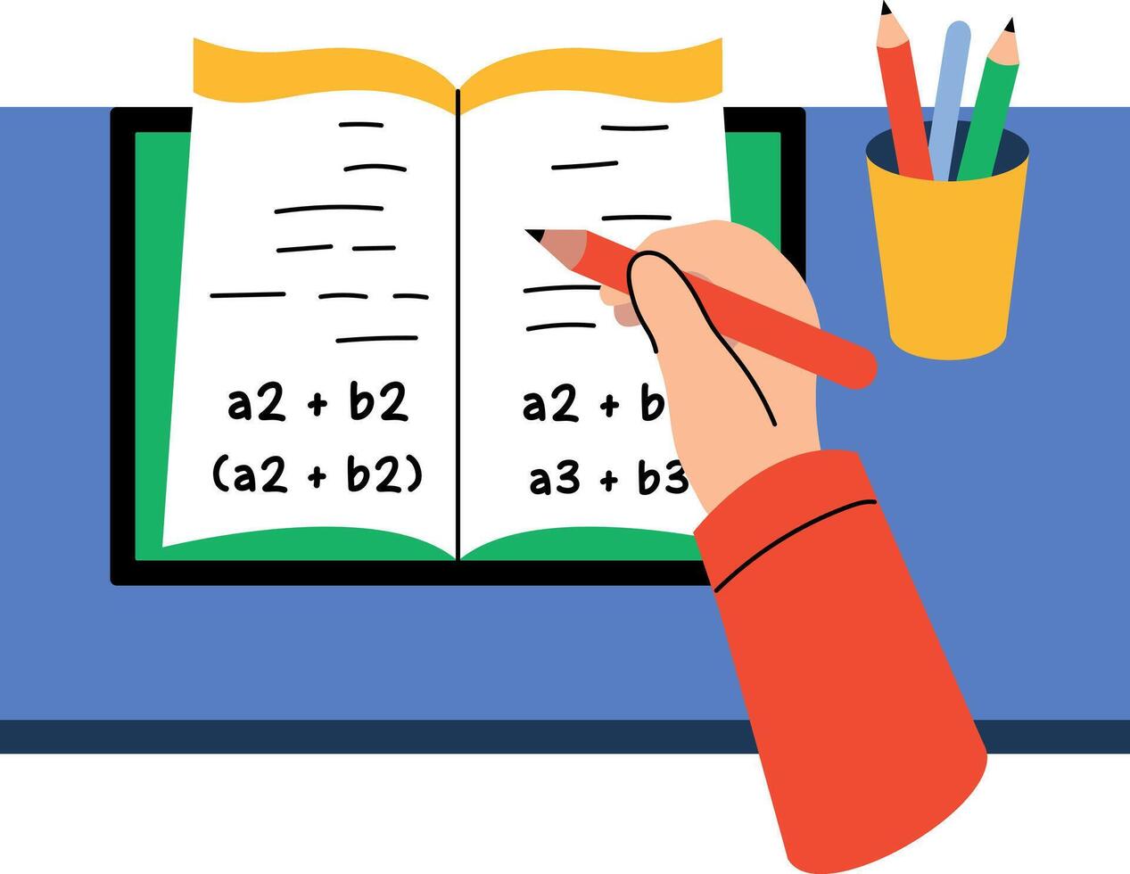 Hands writing on a math notebook, flat style illustration vector