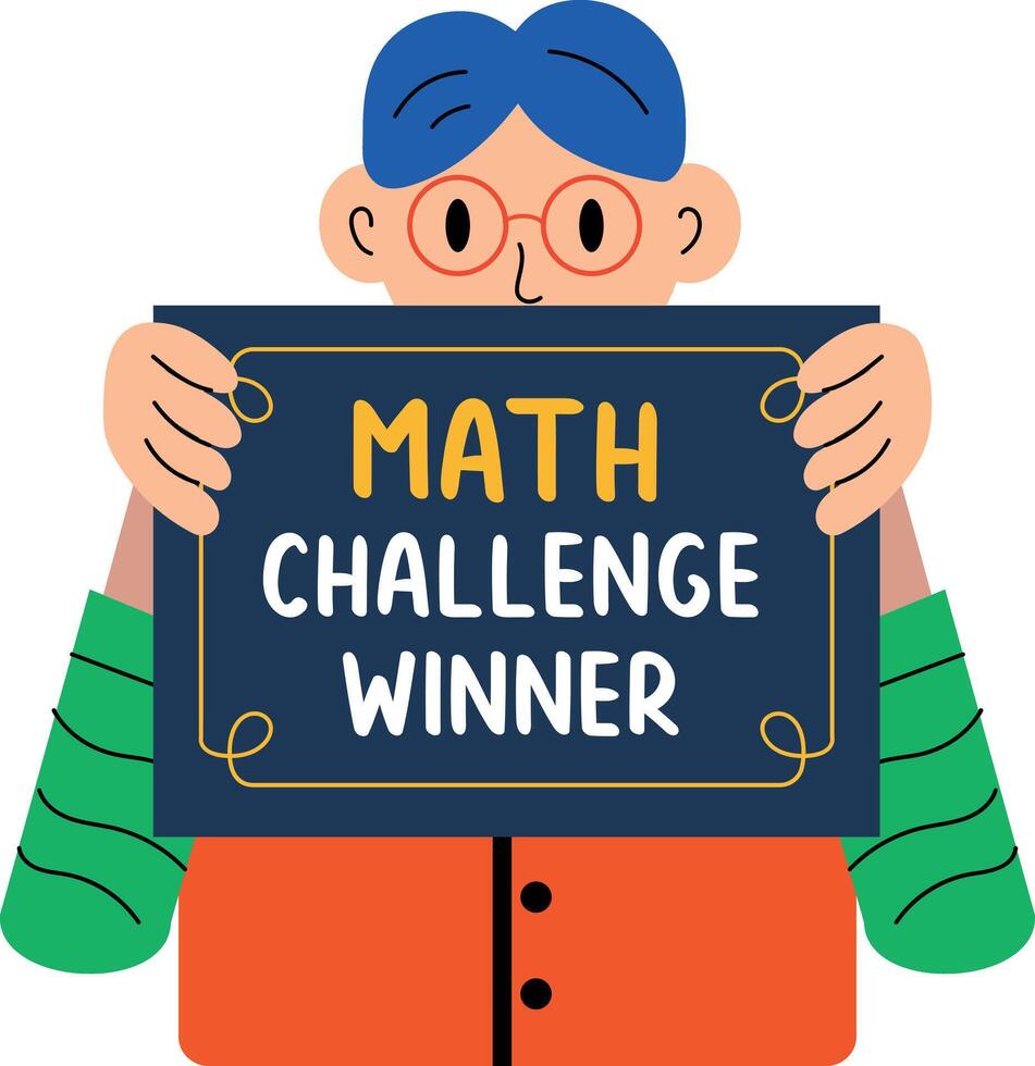 Student holding math certificate with math challenge winner text, flat illustration vector