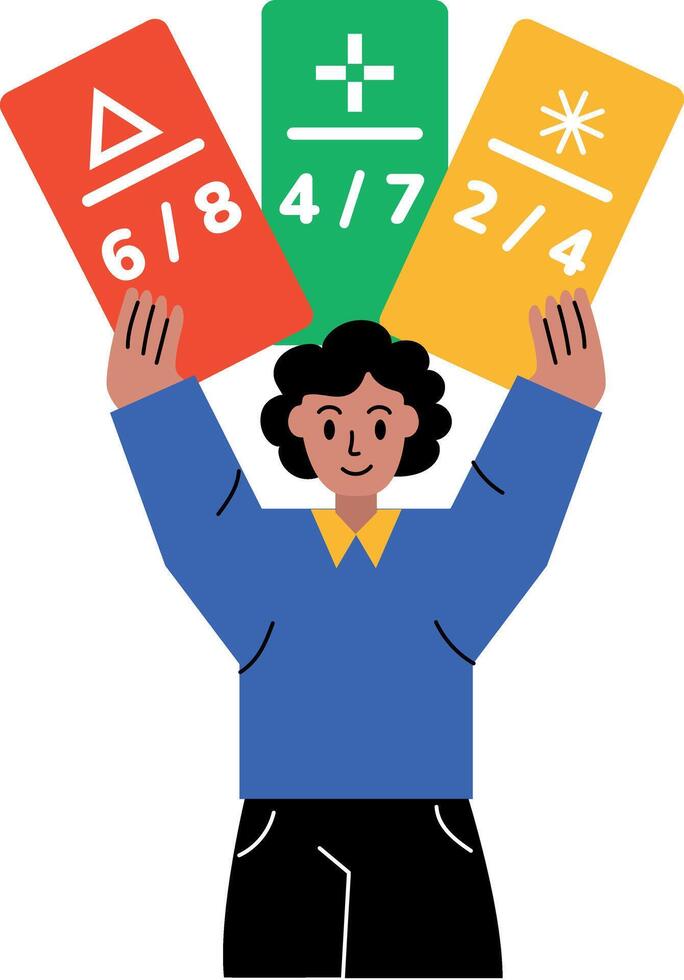 Flat character illustration of math student flashcards vector
