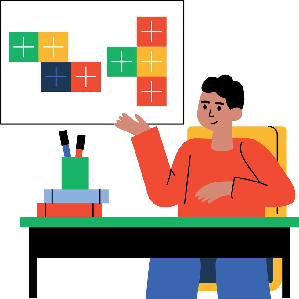 A flat illustration of a student working on a mathematics problem vector
