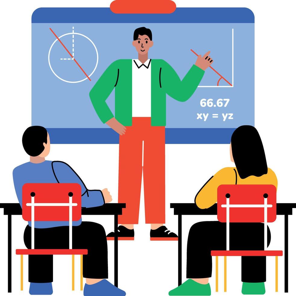 Math professor teaching students, flat style illustration vector